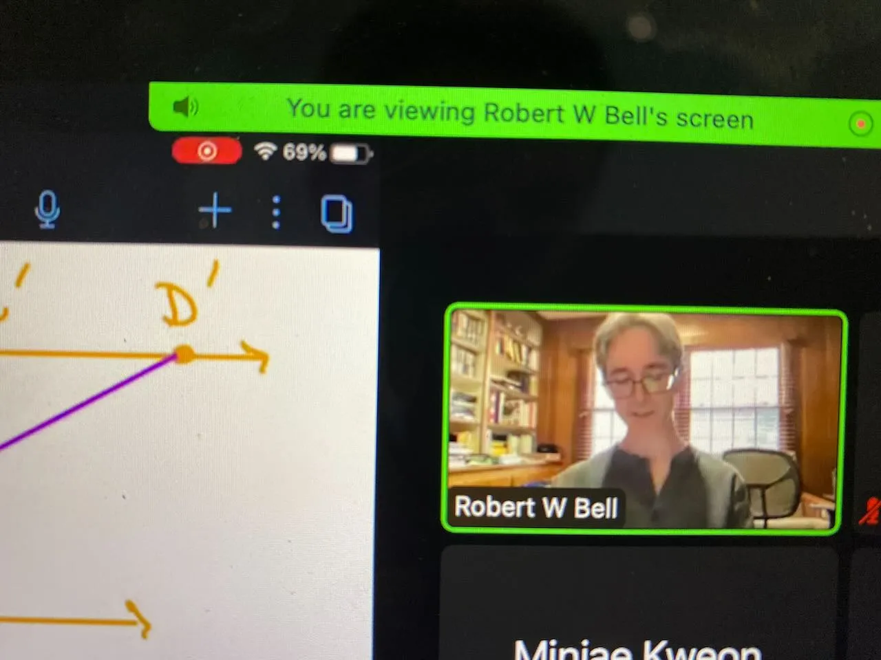 A screenshot of the zoom meeting in which we met, focusing on the camera of the professor, Robert Bell